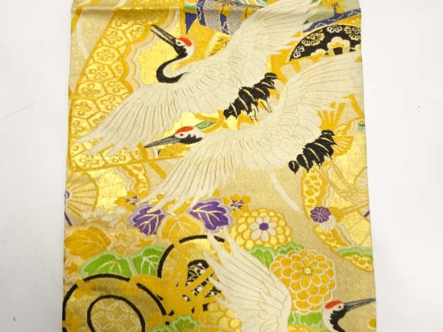  アンティーク　鶴に鼓・草花模様織り出し名古屋帯（材料）